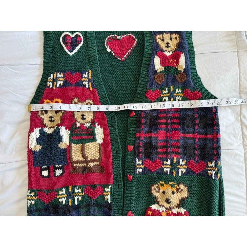 Karen Scott Handknitted Vintage Sweater Vest Large Teddy Bears Hearts Plaid - Picture 3 of 7
